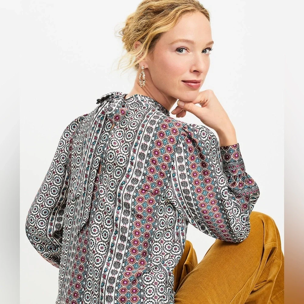 Loft Womens Tied Tie Front V Neck Long Sleeve Blouse Multicolor Size XL NEW